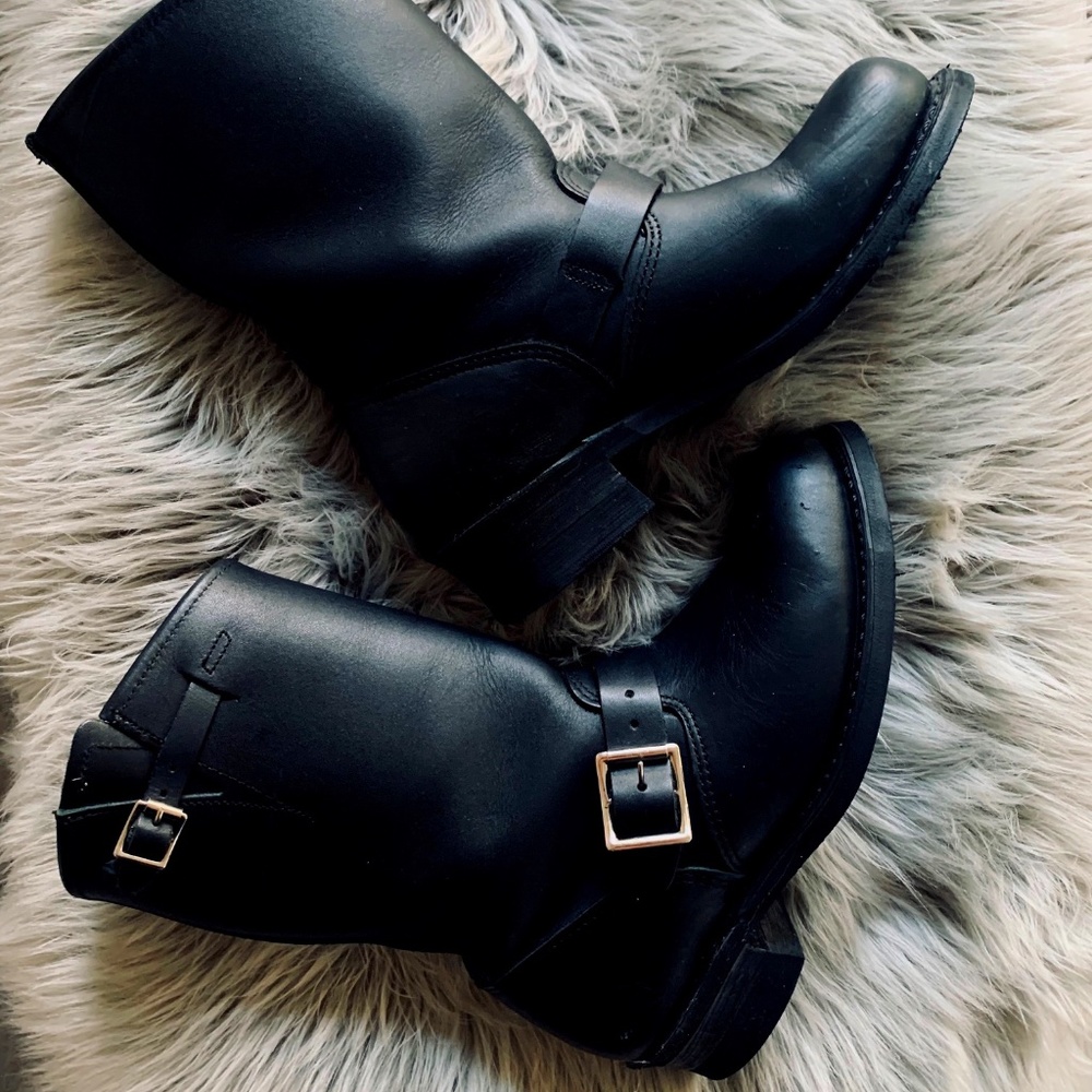 Frye Black Leather Short Harness Boots with Gold Buckles